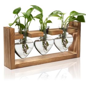 Plant Terrarium Propagation Station with 3 Heart Shaped Vases Wooden Stand Desktop Air Planter Bulb Glass Vase for Hydroponics Home Office Decor