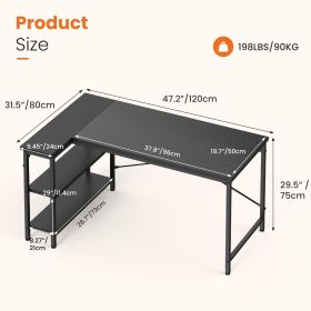 L-shaped office desk, 39-55inch computer desk, writing work desk with reversible storage rack (Color: Black/47IN)