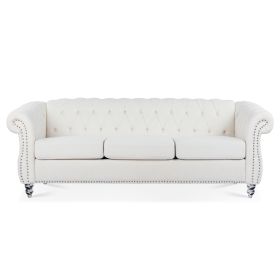 84.65" Rolled Arm Chesterfield 3 Seater Sofa. (Color: White + Polyester)