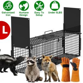 Live Animal Cage Trap For Animals Humane Galvanized Iron Trap Cage For Raccoons Armadillos Foxes Opossums Muskrats Beavers 26in 32in 40in Size Op (Option: Black-L Size 40in-With Glove)
